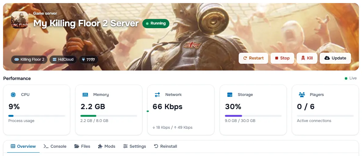 The Killing Floor 2 service page with the banner, the status, the power buttons and the performance cards