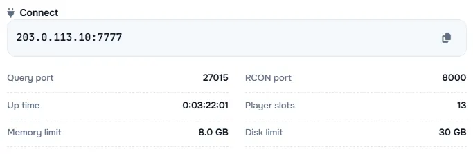 Sunucu adresi ile sorgu portu, RCON portu, çalışma süresi, oyuncu sayısı ve limitlerin yer aldığı Connect kutusu