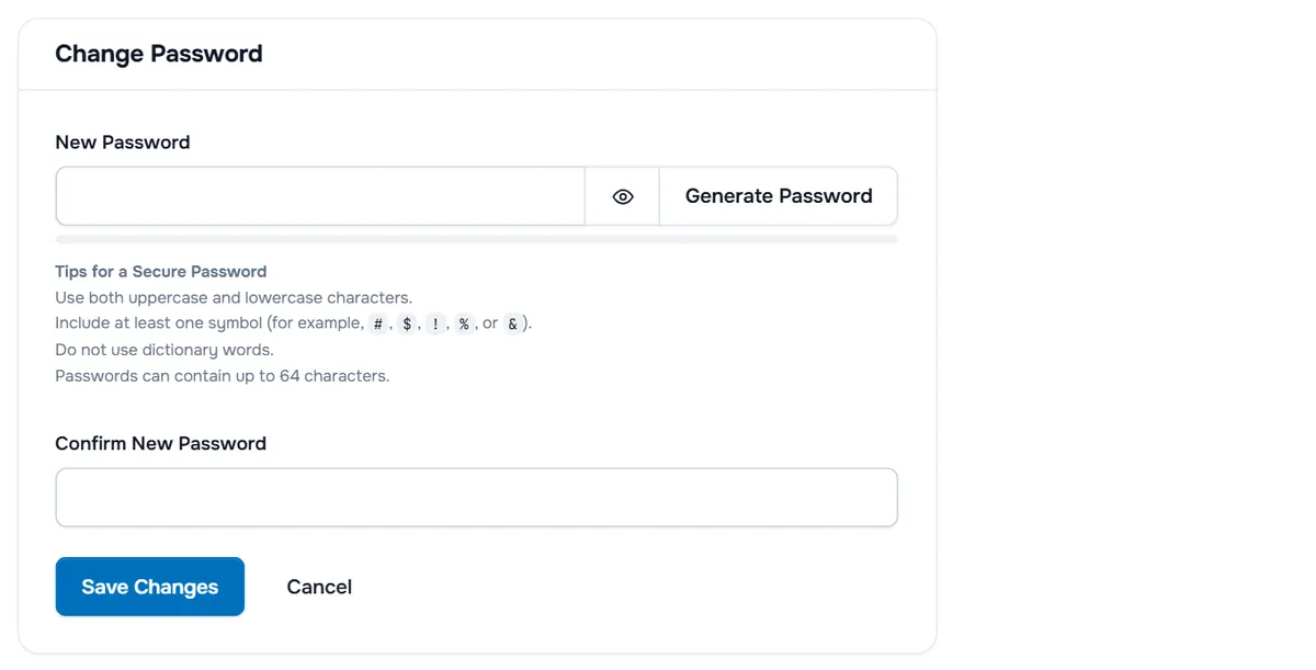 The Change Password tab with New Password, Generate Password, the password tips, Confirm New Password and Save Changes