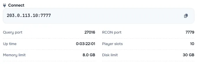 The Connect box with the server address and its query port, RCON port, up time, player slots and limits
