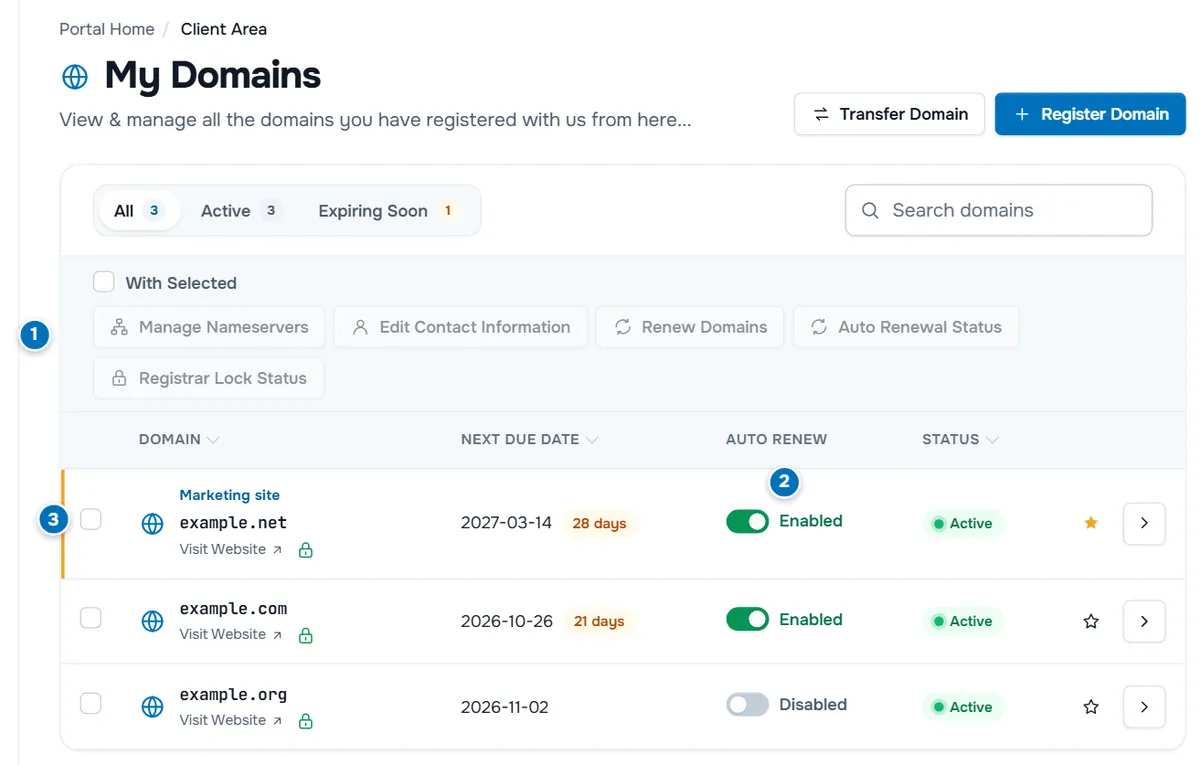 My Domains with three numbered areas: the bulk actions, the Auto Renew switch of a domain and a domain row with its next due date and status