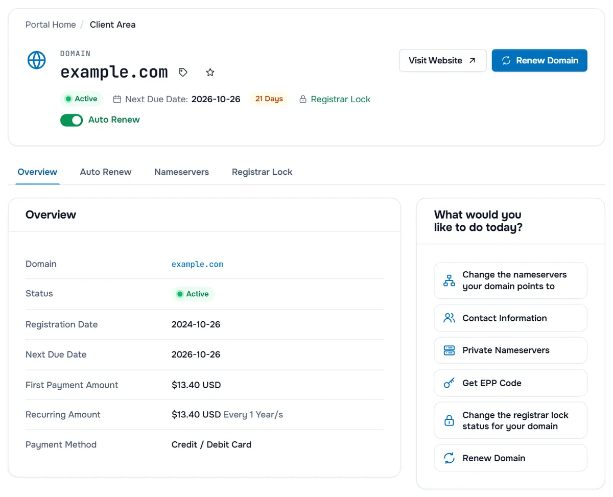 The domain page of example.com with its status, next due date, registrar lock, auto renew switch, the tabs and the What would you like to do today? actions
