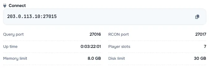 The Connect box with the server address and its query port, RCON port, up time, player slots and limits