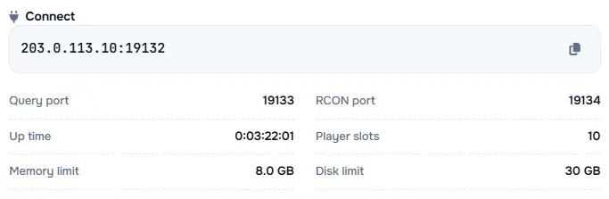 The Connect box with the server address and its query port, RCON port, up time, player slots and limits