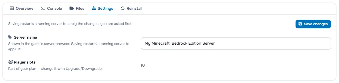 The Settings tab with the server name, the password fields and the player slots
