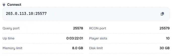 The Connect box with the server address and its query port, RCON port, up time, player slots and limits