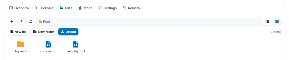 The Files tab with the folders and files of the server