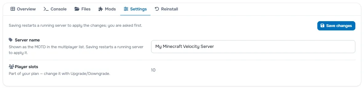 The Settings tab with the server name, the password fields and the player slots