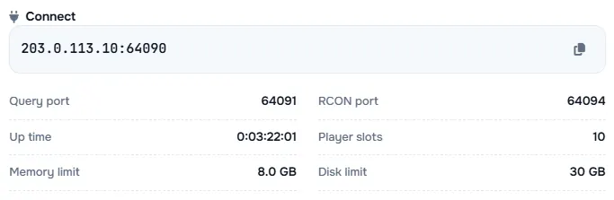 The Connect box with the server address and its query port, RCON port, up time, player slots and limits