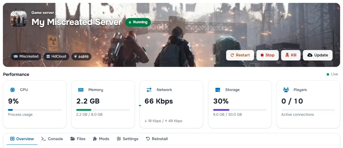 The Miscreated service page with the banner, the status, the power buttons and the performance cards