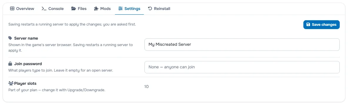 The Settings tab with the server name, the password fields and the player slots