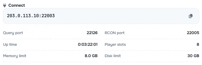 The Connect box with the server address and its query port, RCON port, up time, player slots and limits