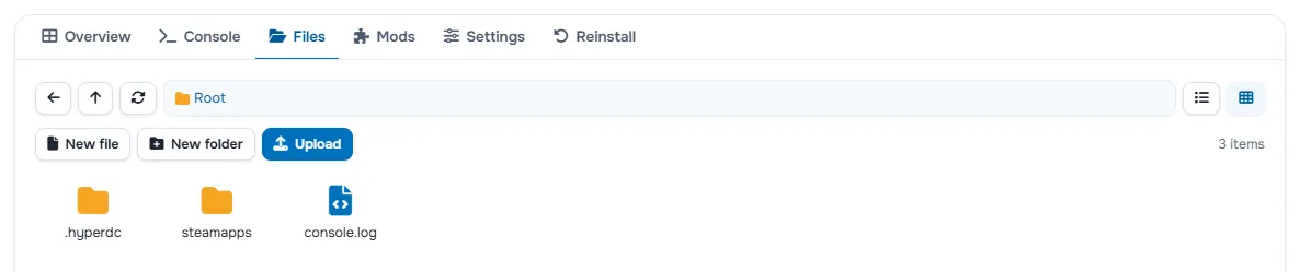 The Files tab with the folders and files of the server