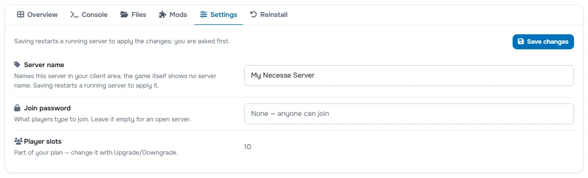The Settings tab with the server name, the password fields and the player slots