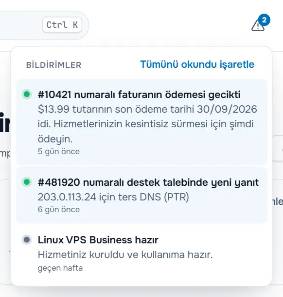 Üst çubuktan açılmış bildirimler menüsü: okunmamış olarak işaretli gecikmiş bir fatura ve yeni bir destek yanıtı, hazır bir hizmet ve Tümünü okundu işaretle