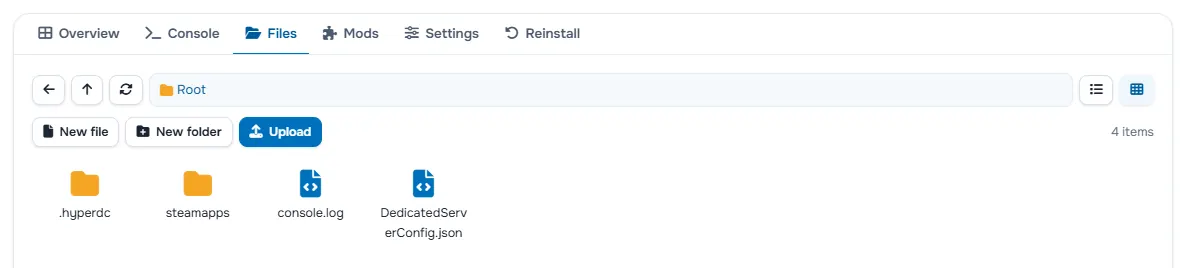 The Files tab with the folders and files of the server