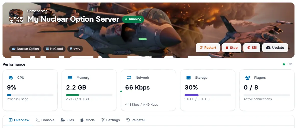 The Nuclear Option service page with the banner, the status, the power buttons and the performance cards