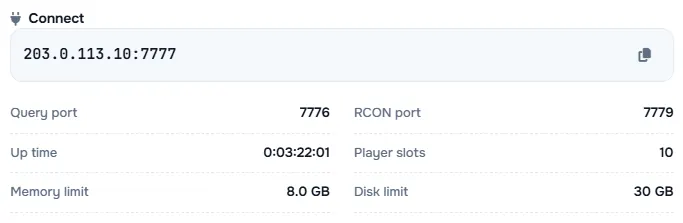 Sunucu adresi ile sorgu portu, RCON portu, çalışma süresi, oyuncu sayısı ve limitlerin yer aldığı Connect kutusu