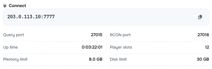 The Connect box with the server address and its query port, RCON port, up time, player slots and limits