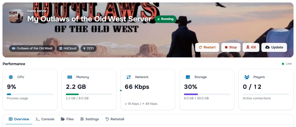 The Outlaws of the Old West service page with the banner, the status, the power buttons and the performance cards