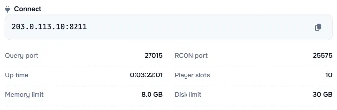 The Connect box with the server address and its query port, RCON port, up time, player slots and limits