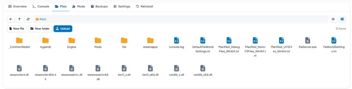 The Files tab with the folders and files of the server