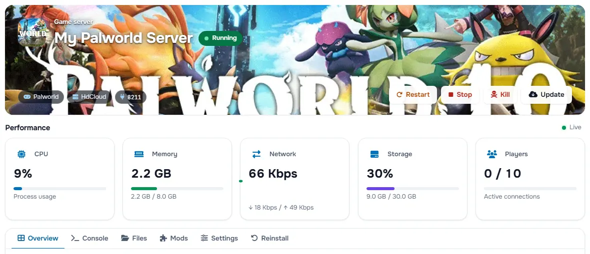 The Palworld service page with the banner, the status, the power buttons and the performance cards