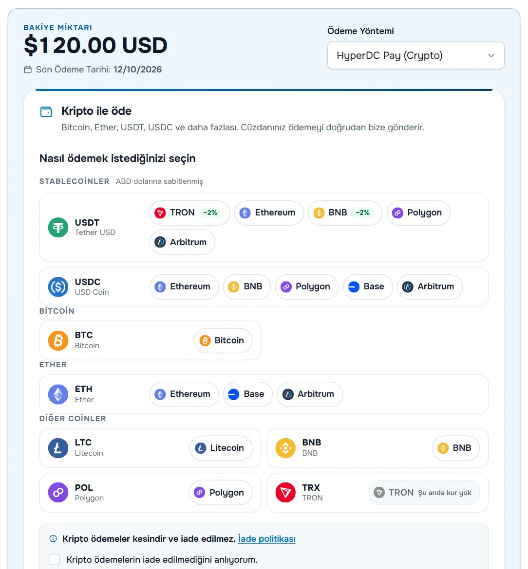 Stablecoinler, Bitcoin, Ether ve diğer coinler olarak gruplanmış coin'ler, ağ çipleri ve iade edilmezlik notuyla Kripto ile öde paneli