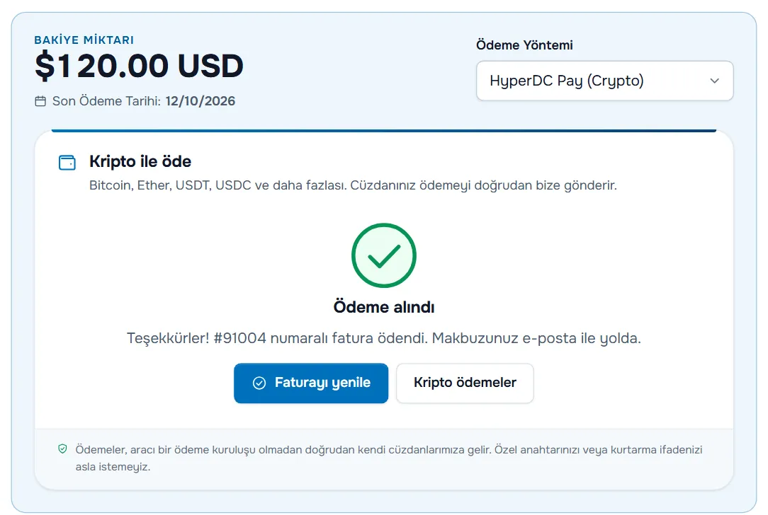 Faturayı yenile ve Kripto ödemeler düğmeleriyle Ödeme alındı görünümü
