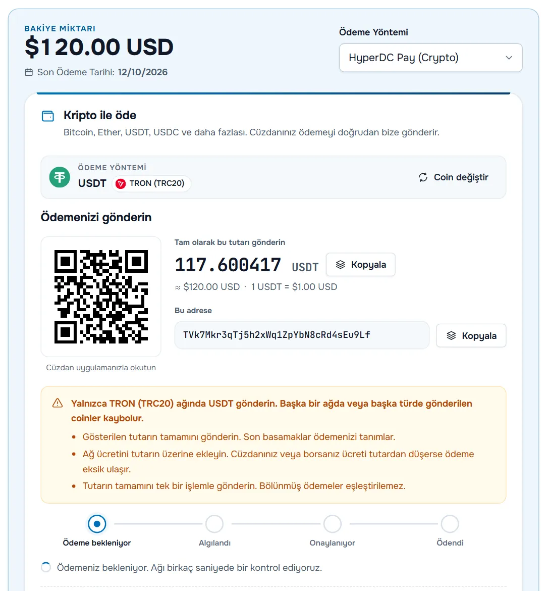 QR kodu, Kopyala düğmesiyle tam USDT tutarı, Kopyala düğmesiyle adres ve ağ uyarısıyla Ödemenizi gönderin görünümü
