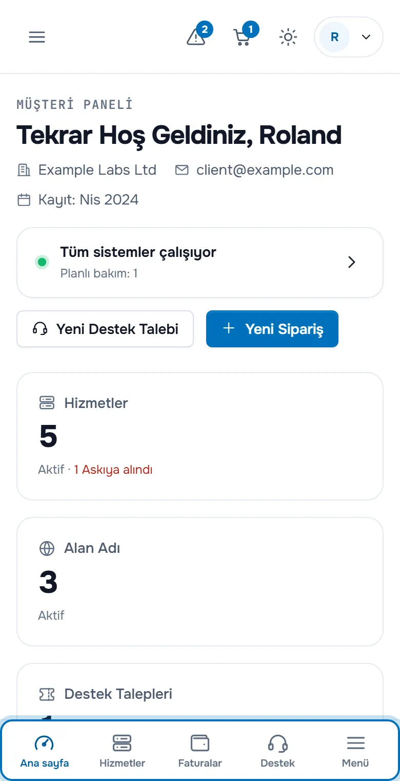 Telefonda müşteri paneli: menü düğmesi, bildirimler, sepet, tema ve hesapla üst çubuk, panel ve Ana sayfa, Hizmetler, Faturalar, Destek ve Menü düğmeleriyle alt çubuk