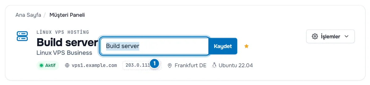 Adın yanında açık takma ad alanı, seçili Build server metni, Kaydet düğmesi ve yıldızla bir hizmet sayfasının üst bölümü