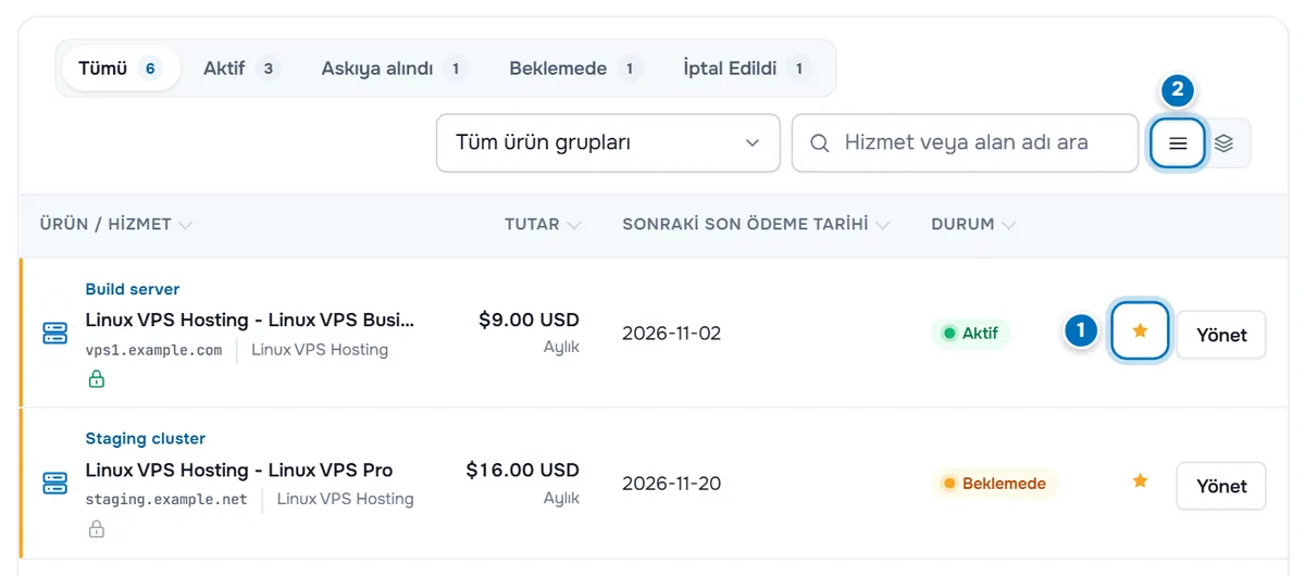 Durum filtreleri, ürün grubu filtresi, arama alanı ve 2 ile işaretli görünüm düğmesi ile yıldızı 1 ile işaretli sabitlenmiş bir hizmet gösteren Ürün ve Hizmetlerim sayfası