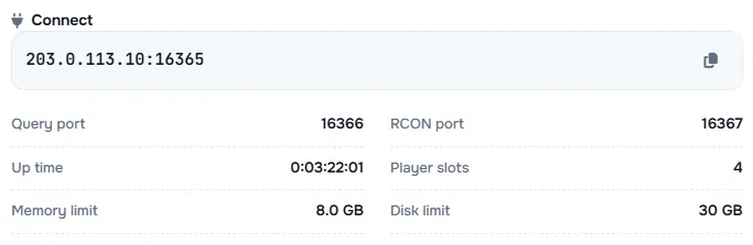 The Connect box with the server address and its query port, RCON port, up time, player slots and limits