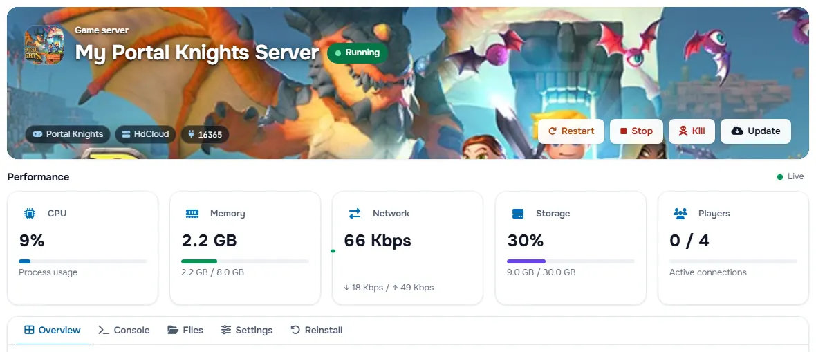 The Portal Knights service page with the banner, the status, the power buttons and the performance cards