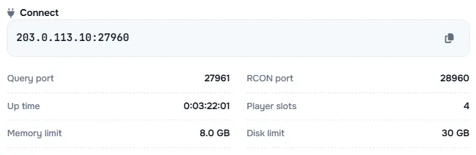 The Connect box with the server address and its query port, RCON port, up time, player slots and limits