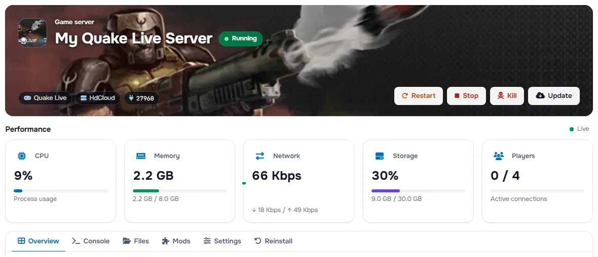 The Quake Live service page with the banner, the status, the power buttons and the performance cards