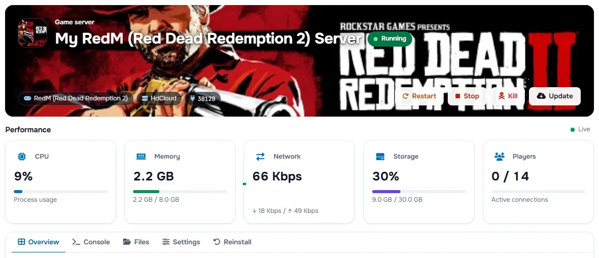 Başlık alanı, durum, güç düğmeleri ve performans kartlarıyla RedM (Red Dead Redemption 2) hizmet sayfası