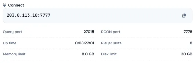 The Connect box with the server address and its query port, RCON port, up time, player slots and limits