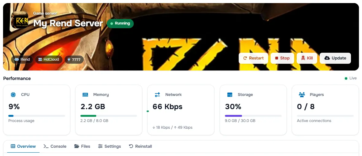 The Rend service page with the banner, the status, the power buttons and the performance cards