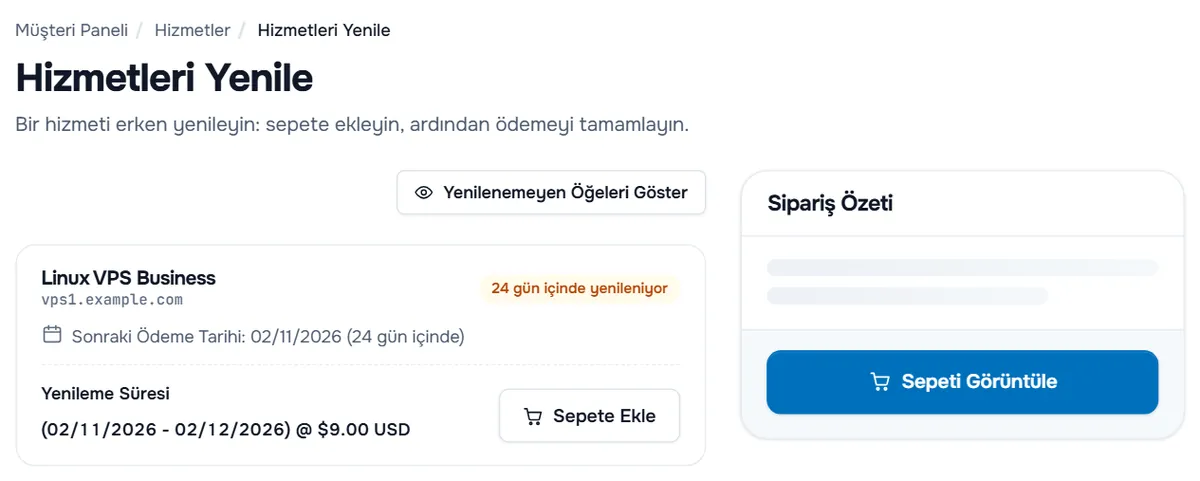 Bir hizmet, sonraki ödeme tarihi, yenileme süresi ve tutarı, Sepete Ekle ve sipariş özetiyle Hizmetleri Yenile sayfası