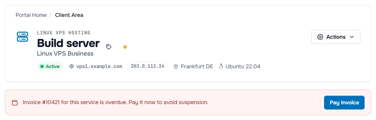 A service page with a red notice about an overdue invoice and the Pay Invoice button