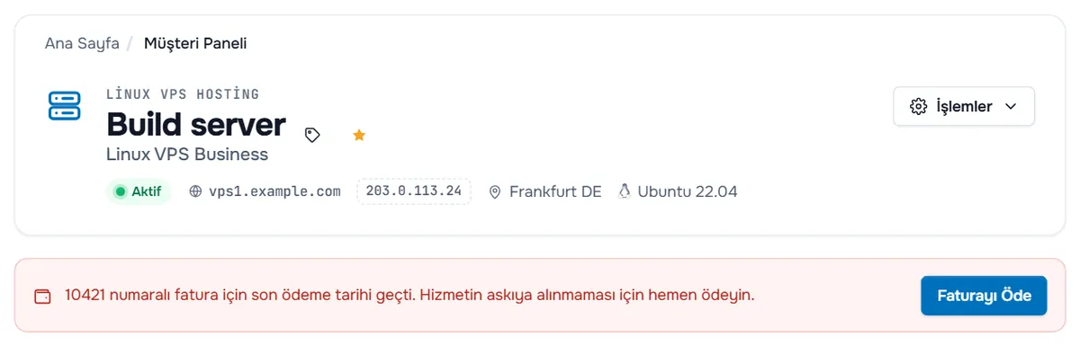 Gecikmiş bir fatura hakkında kırmızı bildirim ve Faturayı Öde düğmesiyle bir hizmet sayfası