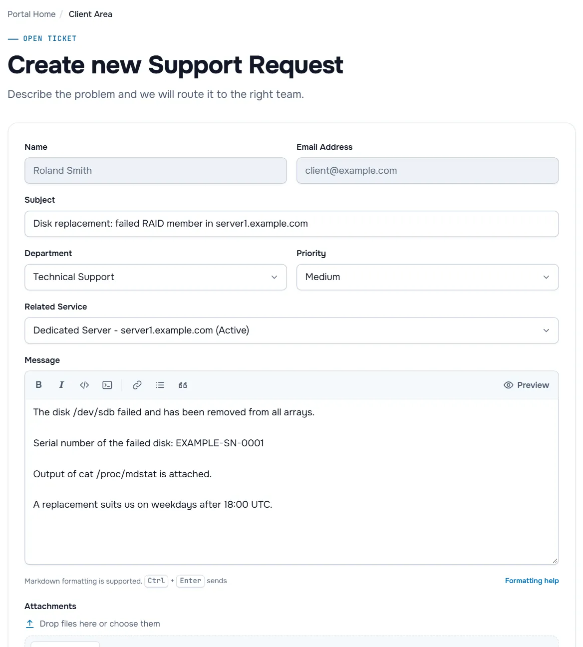 The Open Ticket form with the subject Disk replacement: failed RAID member in server1.example.com, the Technical Support department, the dedicated server as Related Service and a message with the fail