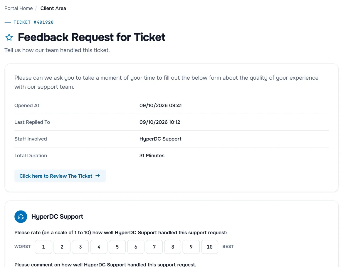 The feedback page with the opening time, last reply, staff involved and total duration, a link to review the ticket and a 1 to 10 rating scale from Worst to Best