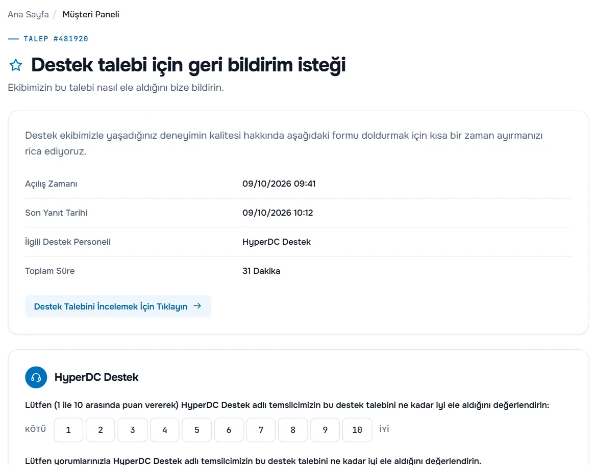 Açılış zamanı, son yanıt, ilgili destek personeli ve toplam süre, talebi inceleme bağlantısı ve Kötü'den İyi'ye 1-10 puan ölçeğiyle geri bildirim sayfası