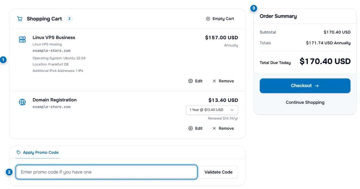The Review and Checkout page with a Linux VPS item and a domain registration, Edit and Remove buttons, the promo code box and the order summary with Checkout