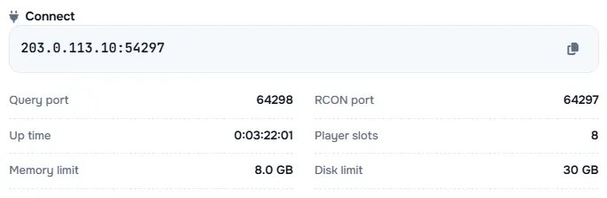 The Connect box with the server address and its query port, RCON port, up time, player slots and limits