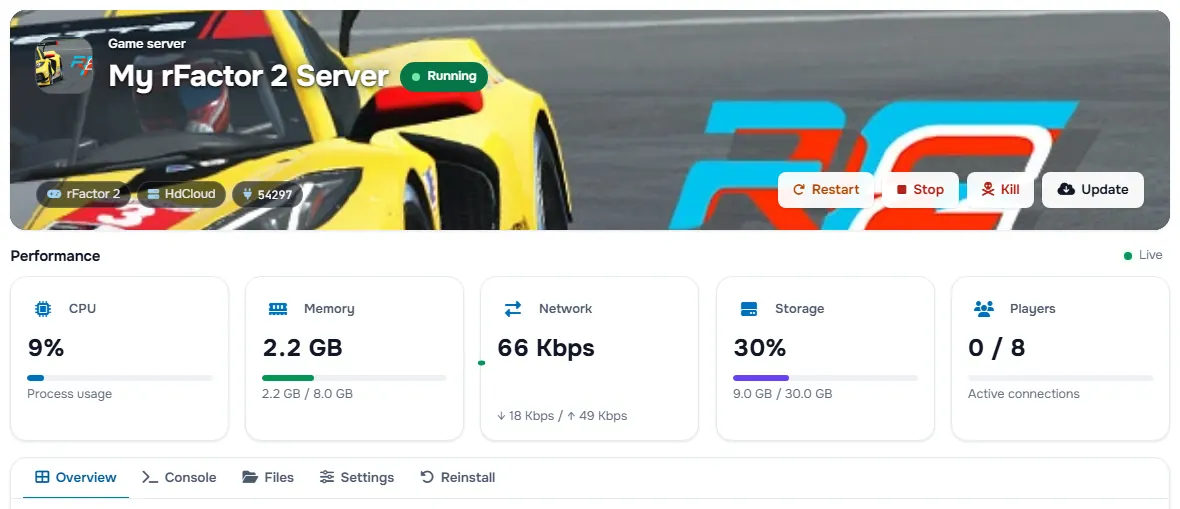 The rFactor 2 service page with the banner, the status, the power buttons and the performance cards