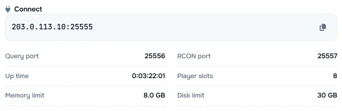 Sunucu adresi ile sorgu portu, RCON portu, çalışma süresi, oyuncu sayısı ve limitlerin yer aldığı Connect kutusu